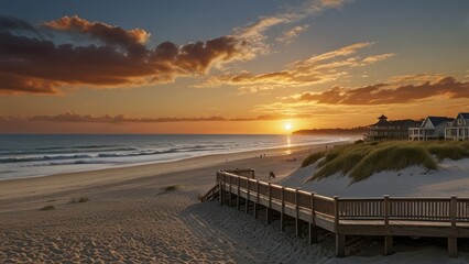 Obraz premium Sunset over ocean beach with boardwalk.