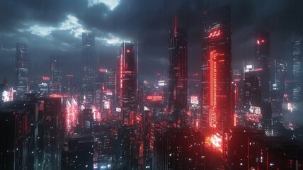 Fototapeta premium A futuristic cityscape illuminated by neon lights under a stormy sky.