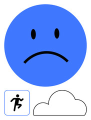Blue sad face with downturned mouth, small black running person icon, and outlined cloud. Ideal for mental health, stress, perseverance, motivation, emotional awareness, overcoming adversity