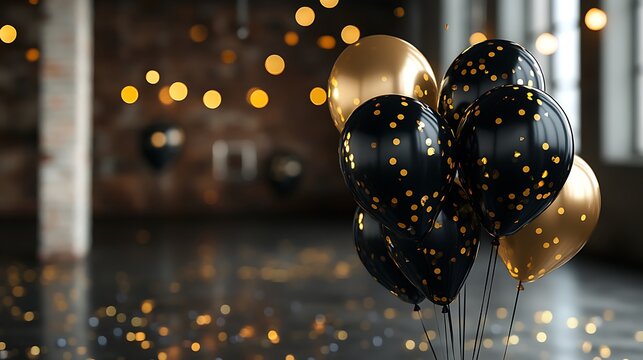 Elegant black and gold balloons in a stylish loft setting.
