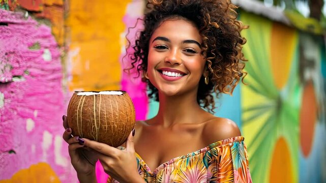 Joyful woman enjoying tropical coconut in colorful urban setting