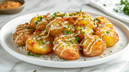 Naklejka premium Crispy Smashed Potatoes with Garlic Aioli and Fresh Herbs, Side Dish Photography