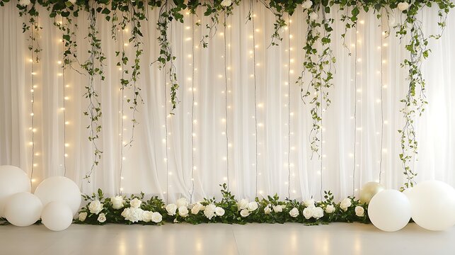  Elegant wedding backdrop with sheer fabric, fairy lights, greenery, and white balloons.