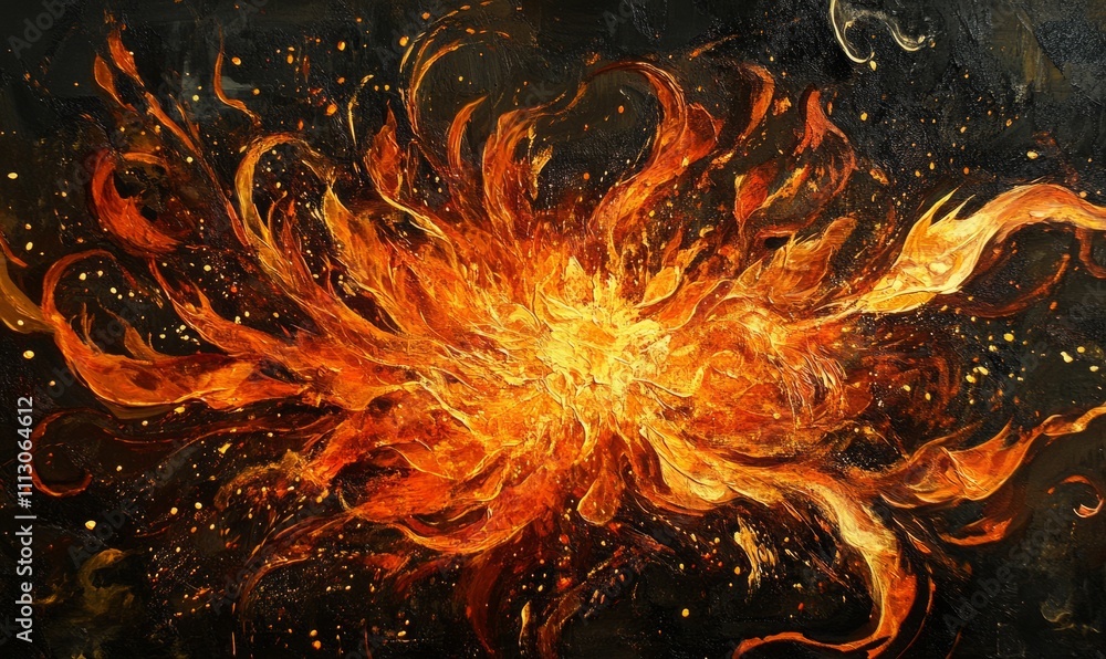 Poster an artistic interpretation of a fiery explosion with intricate patterns of sparks and flames.