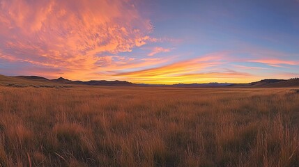 Obraz premium Golden Sunrise Over Grassland And Distant Mountains