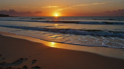 Sunrise over calm ocean beach with footprints in the sand.