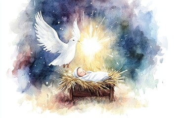 Hand-Painted Nativity Scene with Baby Jesus, Mary, and Doves Under a Rustic Stable in Starry Night Sky