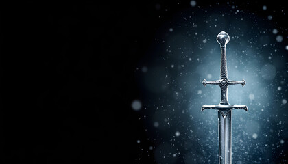 Naklejka premium mysterious and magical photo of silver sword over gothic snowy black background. Medieval period concept isolated with white highlights, png