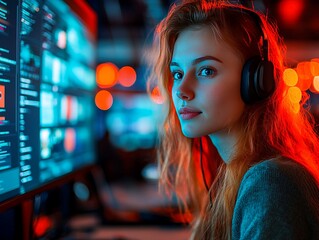 A focused young woman with red hair, using headphones at a high-tech workstation in a potentially gaming or tech environment The moody lighting hints at concentration and digital problem-solving