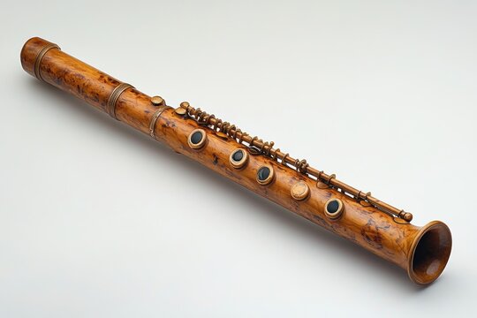 Antique wooden flute with brass keys, isolated on white.
