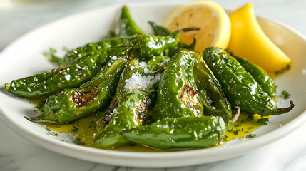 Charred Padron Peppers with Smoked Salt and Lemon Zest, Spanish Tapas Photography