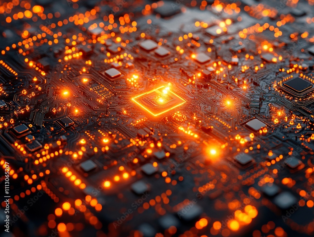Poster close-up view of a densely populated circuit board with a central cpu and glowing leds, suggesting a