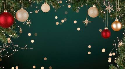 A festive arrangement of ornaments and lights on a green background for holiday decoration.