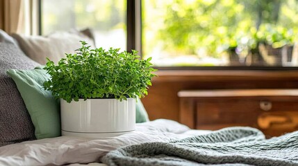 Fototapeta premium Green Indoor Plant in Bright Room with Natural Light and Cozy Decor