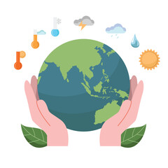 Two hands cradle the Earth (Asia visible), surrounded by clouds, sun, raindrops, notes, and leaves. Soft blues, greens, and pinks symbolize harmony, sustainability, and humanity's bond with nature.