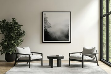 Cozy reading nook features modern furniture with black and white wall art and cozy atmosphere