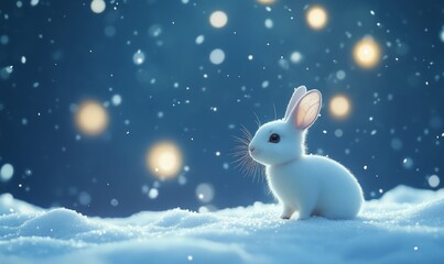 A white rabbit stands on snow under a night sky with glowing lights in the background.
