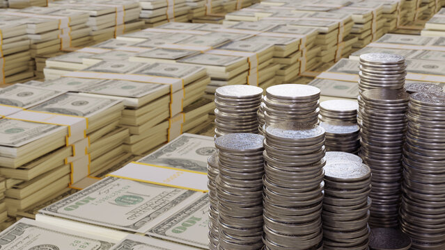 Dollars and coins in stacks