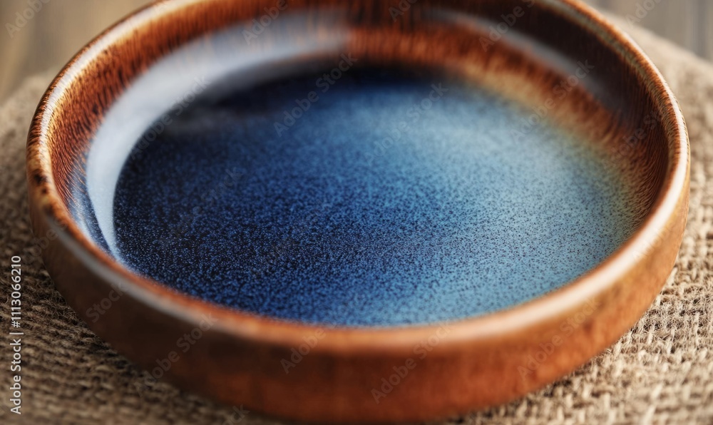 Poster an upclose view of a handthrown plate displaying a mesmerizing blend of deep blue and warm amber gla