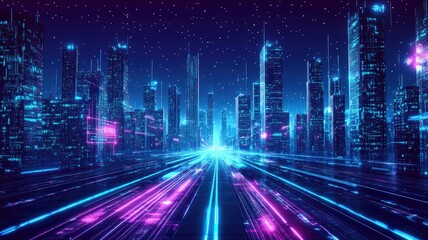 Fototapeta premium A vibrant, futuristic cityscape illuminated by neon lights and glowing pathways.