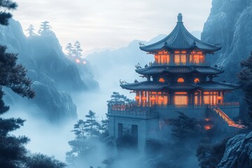 Obraz premium Serene mountain pagoda surrounded by misty landscapes and soft lighting.