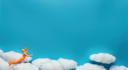 Orange plastic figure flying among clouds against blue background