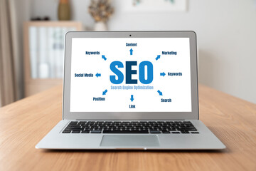 SEO search engine optimization for modish e-commerce and online retail business showing on computer...