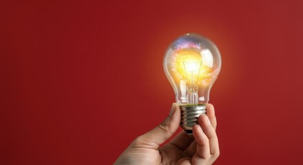 Hand holding glowing light bulb against red background