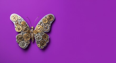 Fototapeta premium Steampunk butterfly made of gears on purple background