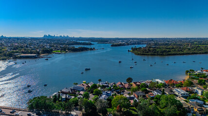 Panorama Aerial view above Rhodes with views to Meadowbank and Olympic park and Wentworth Point and...