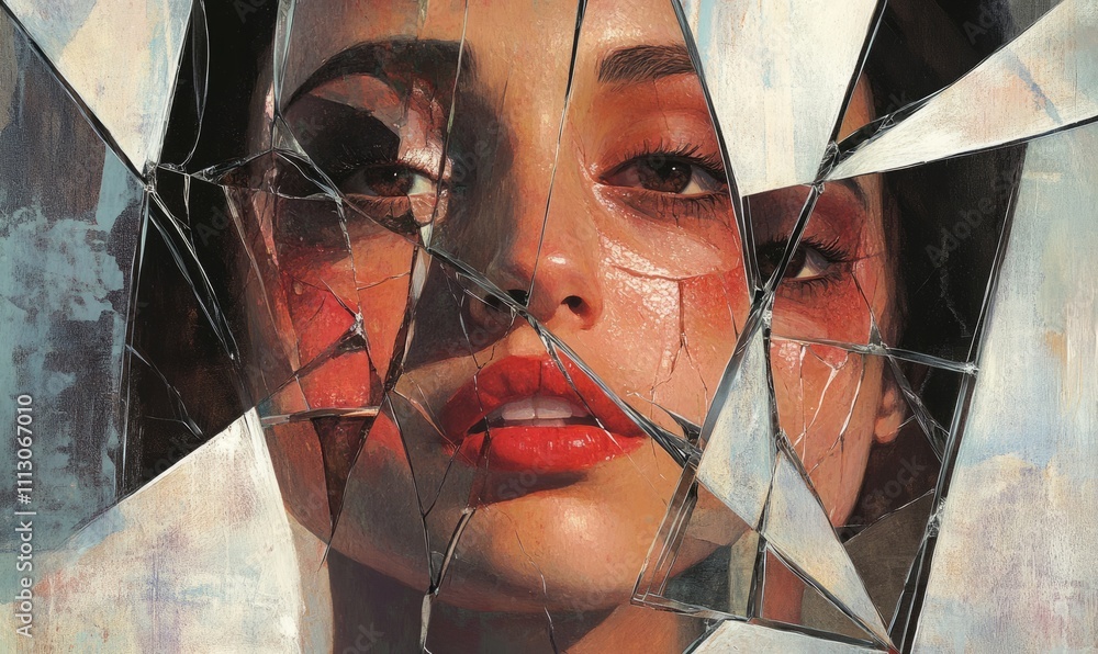 Aufkleber An abstract portrait of a woman with her face reflected in a broken mirror, each fragment showing a different part of her face.