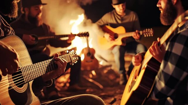 Acoustic campfire jam session with friends and guitars under the night sky