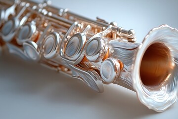 Fototapeta premium Close-up of a silver flute, showcasing its intricate details and elegant design against a neutral background.