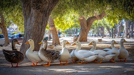 Fototapeta premium Group of Ducks Walking Under Trees in a Park Setting