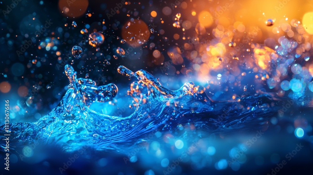 Poster dynamic water splash with glowing bokeh lights