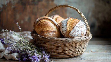 A wicker basket filled with freshly baked sourdough bread, resting on a rustic wooden table with lavender flowers.