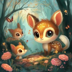 Fototapeta premium Cute deer family in enchanted forest. Three adorable deers interact among colourful flowers, mushrooms. Peaceful forest setting with soft light. Charming illustration perfect for children books