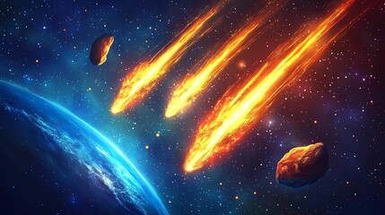 Fiery Meteors Approaching Earth In Space