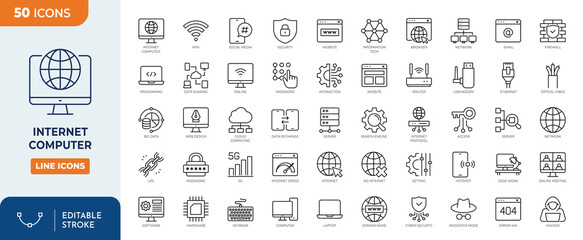 Internet computer icon set. Containing online, computer, network, website, server, web design, hardware, software, programming and more. Outline Icon Collection. Editable stroke. Vector illustration