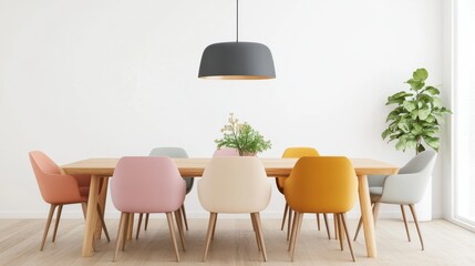 Mid-Century Modern Dining Room with Colorful Chairs and Pendant Light