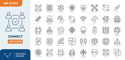Connect icon set. Containing network, join, collaborate, interact, integration, connection, link, together, interaction, and more. Outline Icon Collection. Vector illustration. Editable stroke	