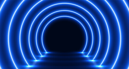 Neon glowing arch tunnel, futuristic room with led corridor, modern background. Vector illustration.
