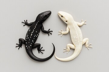 Minimalist display of dark and light lizards arranged in yin-yang style on a soft gray background with gentle lighting