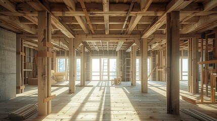 Sunlit Interior of a House Under Wooden Frame Construction