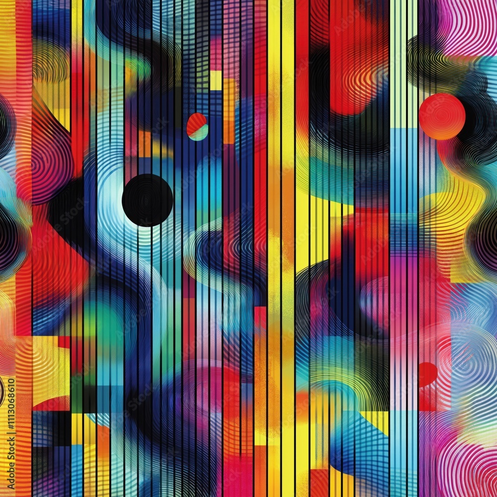 Poster abstract colorful design with vibrant shapes, lines. geometric patterns create dynamic visual effect