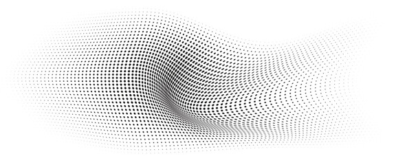 Fototapeta premium Flowing Wave Dot Halftone Pattern: Curve Gradient Shape on Transparent Background. Suitable for AI, Tech, Network, Digital, Science, and Technology Themes.