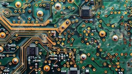 "Close-Up of Electronic Circuit Board with Semiconductor Chip, Highlighting Advanced Technology, Microelectronics, and Circuitry Design for Modern Electronics and Devices"

