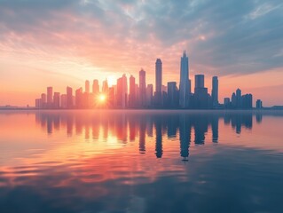 Fototapeta premium Sunset over a city skyline reflected in calm waters.