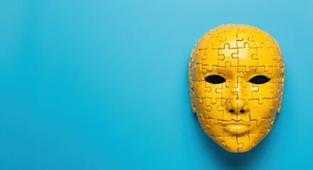 Yellow puzzle piece mask on blue background Concept of identity, complexity, and wholeness