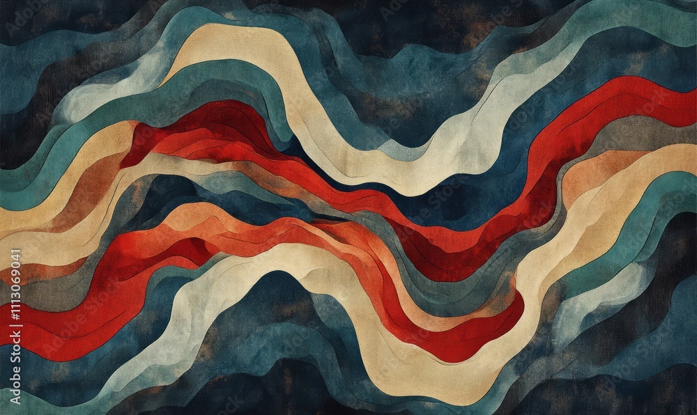 Poster an abstract design featuring flowing, wavy patterns in rich hues of red, blue, beige, and teal, crea